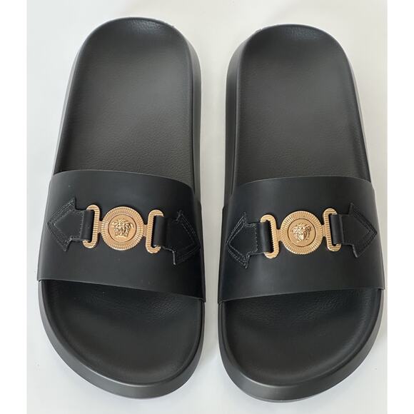 Versace Medusa Black Leather Slides Sandals 14 US (47 Euro) 1010628 NIB $490 - Picture 2 of 16